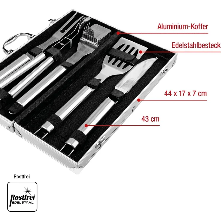 EUROHOME Grillbesteck-Set Grillset aus 5 Teilen Grill Zubehör, (5 tlg, Besteck Koffermaße 44 x 17 x 7 cm), Set aus Zange, Wender, Gabel, Messer und Reinigungsbürste. – Bild 4
