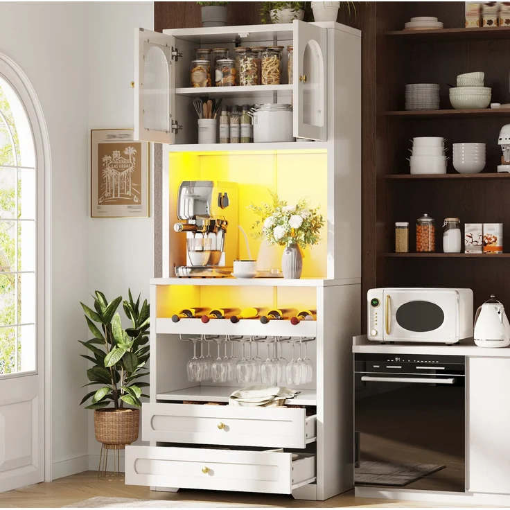 Hochschrank mit Glastüren, LED-Beleuchtung per App & Weinregal, 70x40x180 cm, Weiß – Bild 2