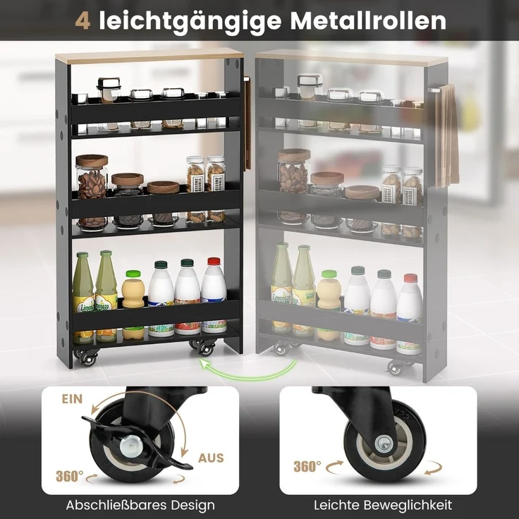 4 Ebenen Nischenregal auf Rollen aus Holz mit Griff Küchenwagen 48 x 13 x 81 cm Schwarz + Natur – Bild 4