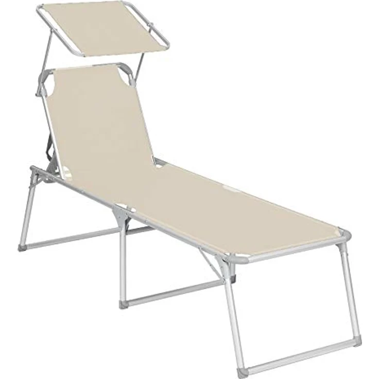 Songmics Sonnenliege mit Dach, Liegestuhl, Gartenliege, Aluminium, groß, 65 x 200 x 48 cm, bis 150 kg belastbar, Rückenlehne verstellbar, klappbar, Garten, Balkon, Terrasse, beige GCB26BE – Bild 2