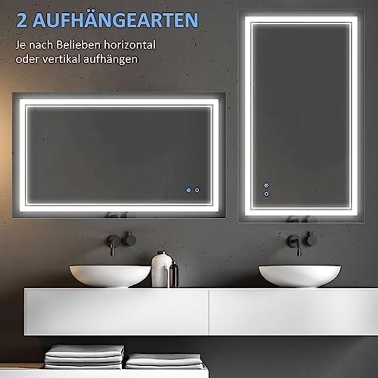 Kleankin Spiegel Badspiegel, Badezimmerspiegel mit LED-Beleuchtung (Wandspiegel mit Touchschalter, 1-St, 3 Lichtfarben, Lichtspiegel IP44), IP44 Wasserdicht, 100 x 60 cm – Bild 6