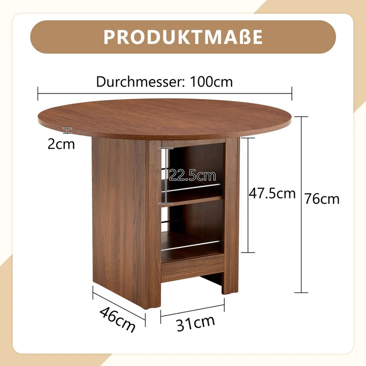 Esstisch rund 100x100x76 cm, MDF in Walnussoptik mit offenen Stauraumfächern – Bild 4