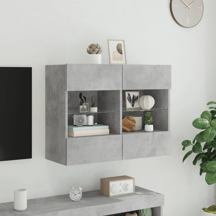 TV-Wandschrank, Fernsehschrank mit LED-Leuchten Betongrau 78,5 x 30 x 60,5 cm – Bild 4