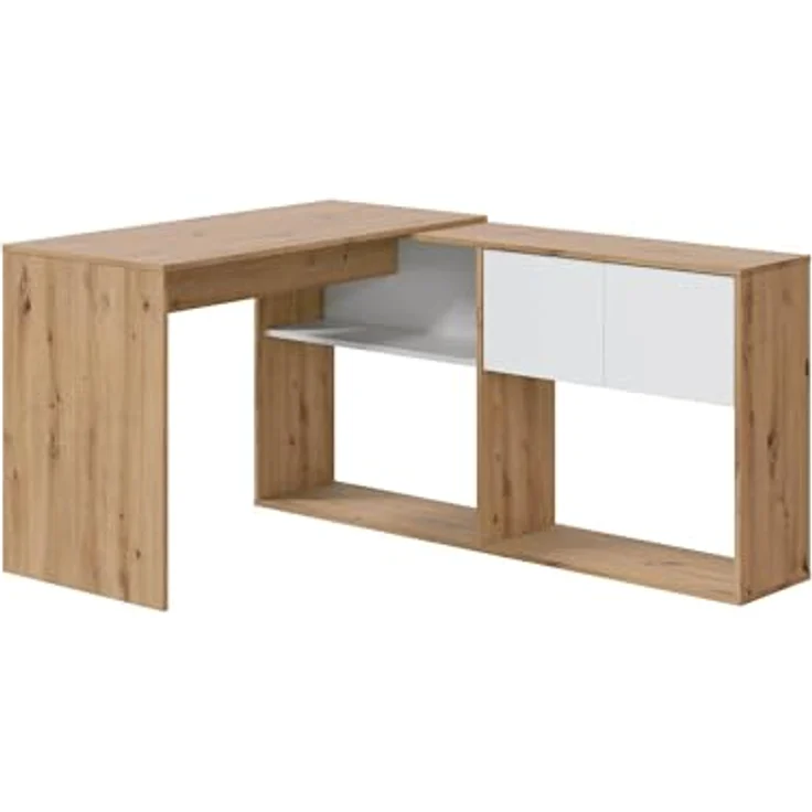 Dmora - Riverside-Schreibtisch, multifunktionaler umkehrbarer Eckschreibtisch mit Bücherregal, Arbeits- oder Bürotisch mit mehreren Positionen, 108 x 70 x 140 cm, weiße und geknotete Eiche – Bild 6
