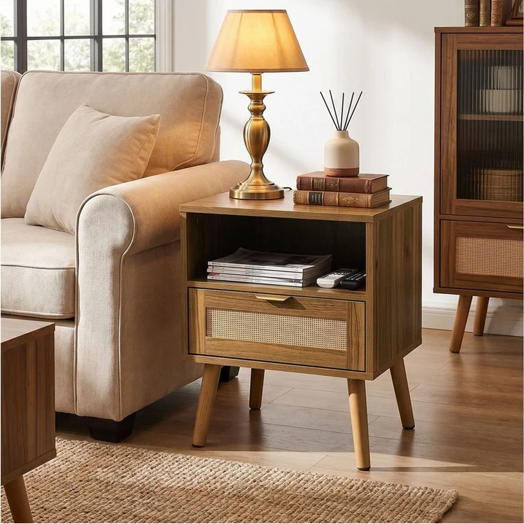 BBWL Nachttisch mit Rattan-Front, 1 Schublade, offenes Regal, Mid-Century-Design, Massivholzbeine, 45 x 40 x 55 cm – Bild 1