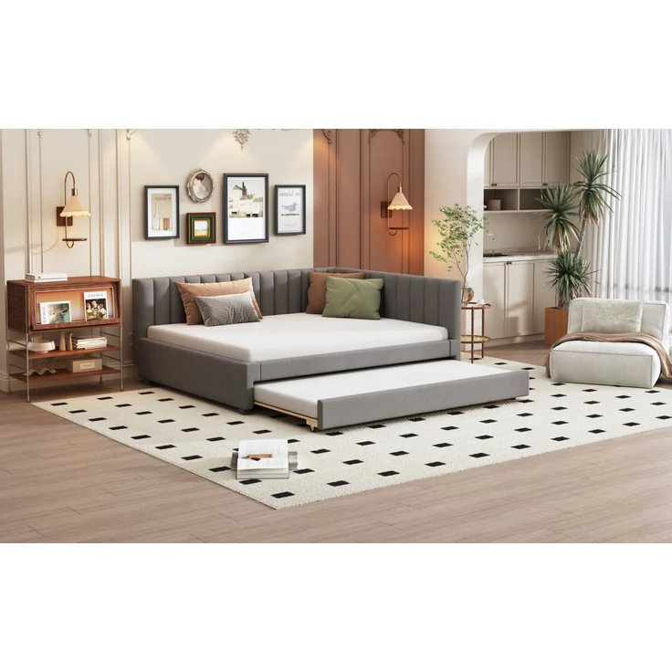 Merax Polsterbett 140*200, Ausziehbares Schlafsofa, Multifunktionsbett mit Lattenrost, Jugendbetten Kinderbetten Gästebetten, Samtstoff Grau – Bild 5