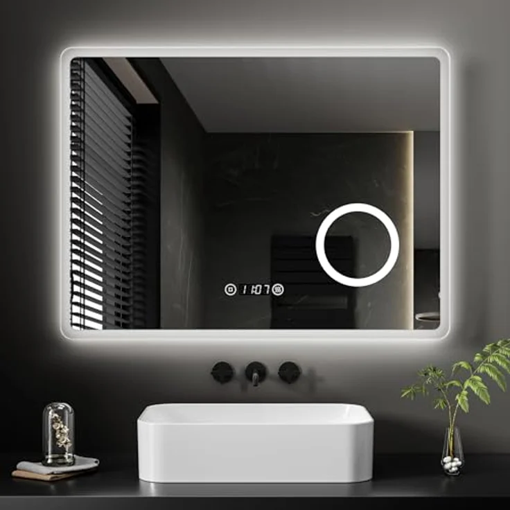 EMKE LED Badspiegel 80x60cm Uhr Beschlagfrei Kaltweißes Licht 3-fache Vergrößerung Touch – Bild 2