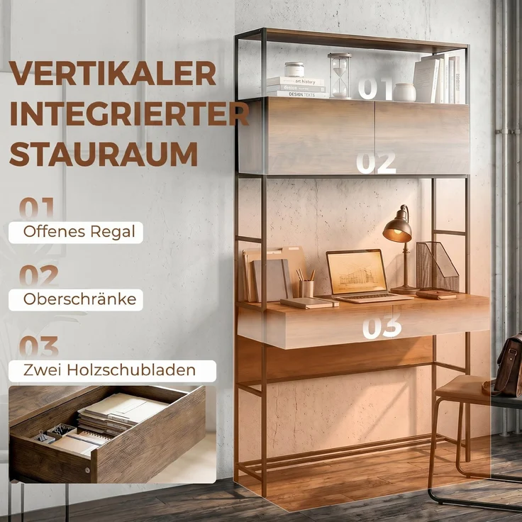 MELAYR, Computertisch mit Regalen und 2 Schubladen für das Home Office, 185 cm hoch, Braun Holzoptik – Bild 6