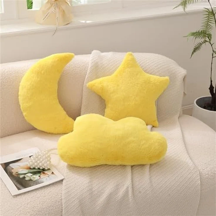 Kuschelkissen Kinder Sternkissen Weiche Flauschige Mond Wolken Sternform Zierkissen Sofakissen, Plüsch Kissen Dekokissen für Kinderzimmer Schlafzimmer Deko (Gelbe Wolke 44 cm) – Bild 2