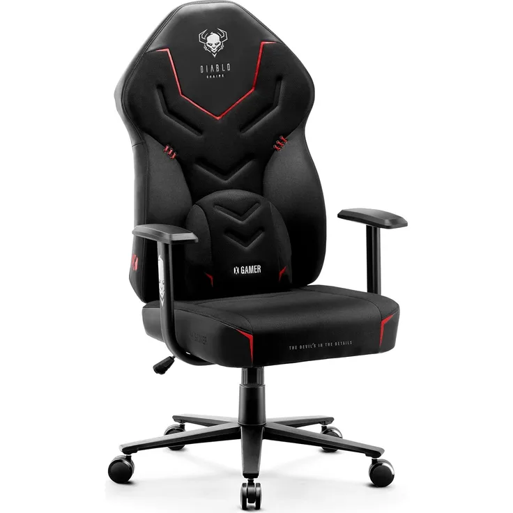 Diablo X-Gamer 2. 0 Gaming Stuhl Bürostuhl Stoffbezug Ergonomisches Design Lendenwirbelkissen Softpadauflage (Schwarz-Schwarz)