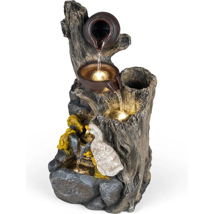 4-Stufiger Gartenbrunnen mit LED-Beleuchtung Dekorativer Zierbrunnen mit Entenmotiv 30 x 27 x 57 cm SH1600