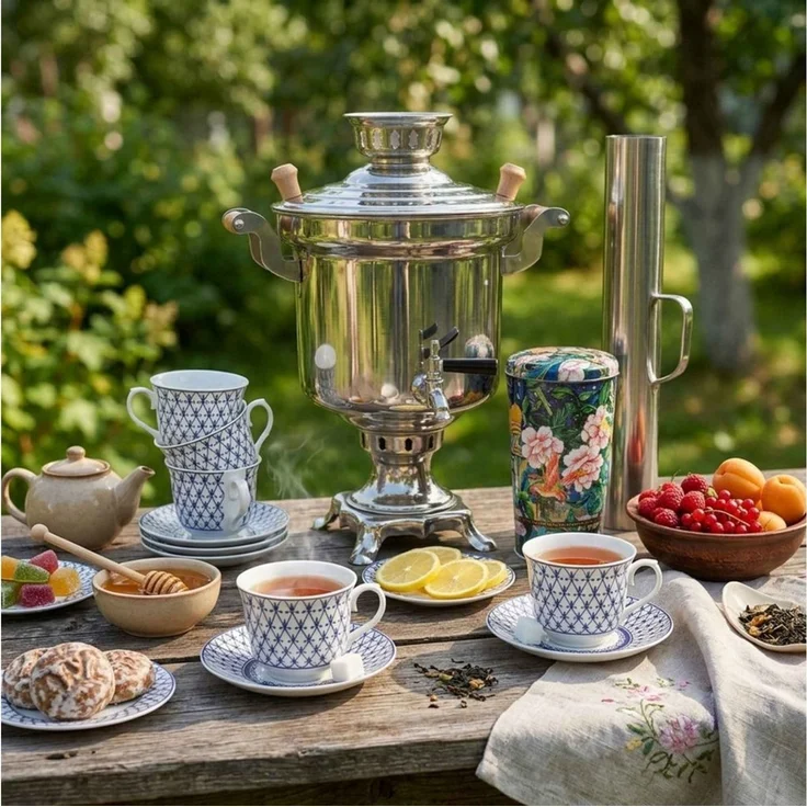 BIG-PAN Teeservice Traditionelles Samowar Komplettset 5L Edelstahl Rauchrohr Tassen (12-tlg), 6 Personen, Edelstahl, Porzellan, Holzkohle Teemaschine Schornstein Geschirr-Set Premium Ceylon Tee – Bild 2