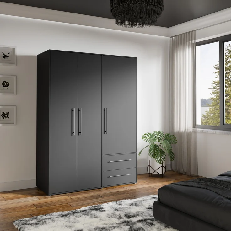 Drehtürenschrank >MOKKARIS< 3 Türen, 2 Schübe, in Schwarz - 144,4x200,1x58,8cm (BxHxT) – Bild 2