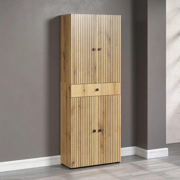trendteam smart living - PureBliss - Waschbeckenunterschrank - Eiche - Waschtisch mit 3 offenen Fächern - (BxHxT) 90 x 79 x 53 cm - Badezimmerschrank mit Rillenoptik - edle Metallgriffe – Bild 3