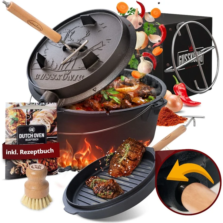 Dutch Oven 12 l ohne Füße – eingebrannt & sofort einsatzbereit, inkl. 2in1 Deckelheber, Reinigungsbürste, Edelstahl-Untersetzer, Rezeptbuch & Pflegeanleitung – Bild 1