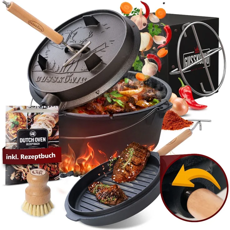 Dutch Oven 12 l ohne Füße – eingebrannt & sofort einsatzbereit, inkl. 2in1 Deckelheber, Reinigungsbürste, Edelstahl-Untersetzer, Rezeptbuch & Pflegeanleitung