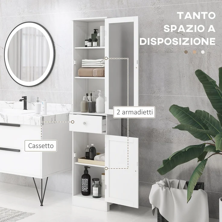 Platzsparende mobile Badezimmersäule mit Schrank, Schublade und Einlegeböden aus MDF, 40 x 27 x 171,5 cm, Weiß – Bild 6