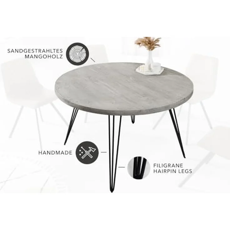 riess-ambiente Esstisch SCORPION Ø80cm grau / schwarz (Einzelartikel, 1-St), Küche · Massivholz · Metall · Hairpin Legs · rund · Industrial Design – Bild 6