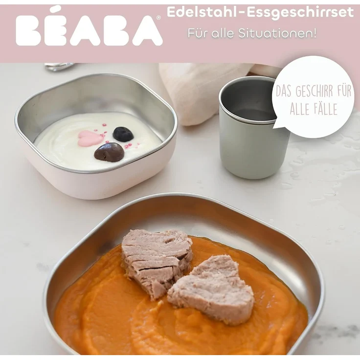 BÉABA Baby-Essensset Edelstahl 3-teilig – Glas + 2 Teller mit Silikonhülle, Mikrowellen- & Spülmaschinengeeignet, Leicht, Bruchsicher & Rutschfest – Farbe Barbapapa – Bild 3