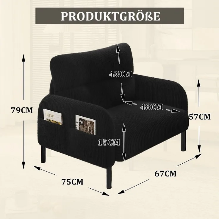 BlingBin Sessel Relaxsessel Polsterstuhl Loungesessel (1-St, Cordstoff, Armlehnen mit Seitentaschen auf beiden Seiten), für Wohnzimmer, Schlafzimmer, Arbeitszimmer, 67 x 75 x 79 cm