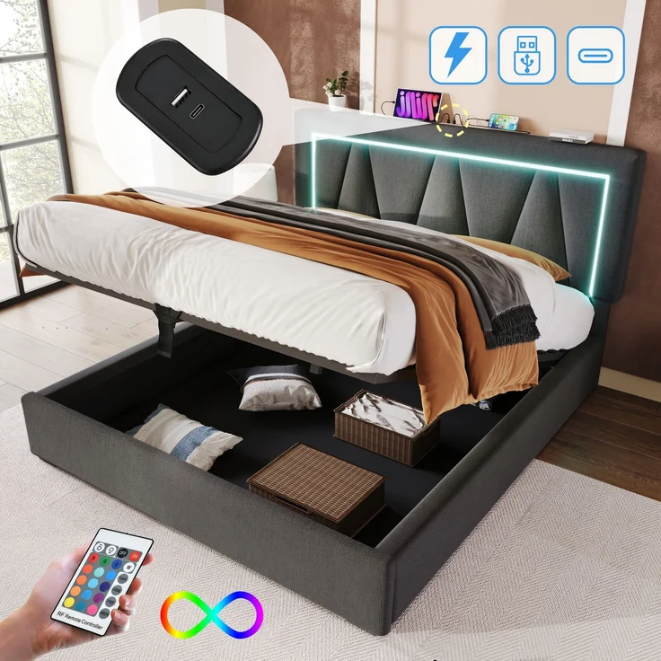 Wohnora-Polsterbett LED Doppelbett mit USB Typ C Ladefunktion und LED-Beleuchtung,Stauraumbetten Bettgestell aus Leinenmaterial Jugendbett 160x200 mit lattenrost(Mit Matratze),Grau – Bild 2