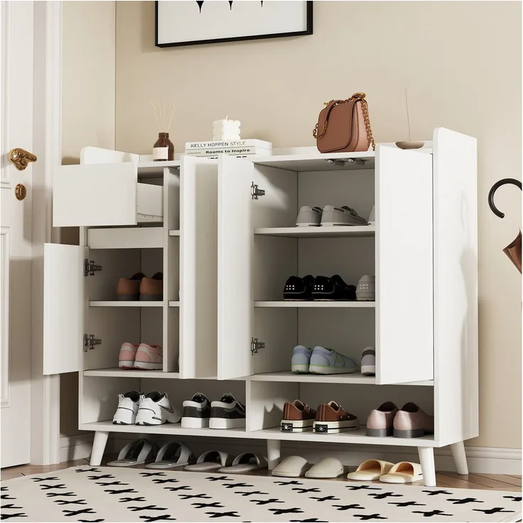 Flieks Schuhschrank mit 1 Schublade und 4 Türen, Weiß/Natur, B120/T35/H99 cm, mit verstellbaren Einlegeböden, Massivholzbeine