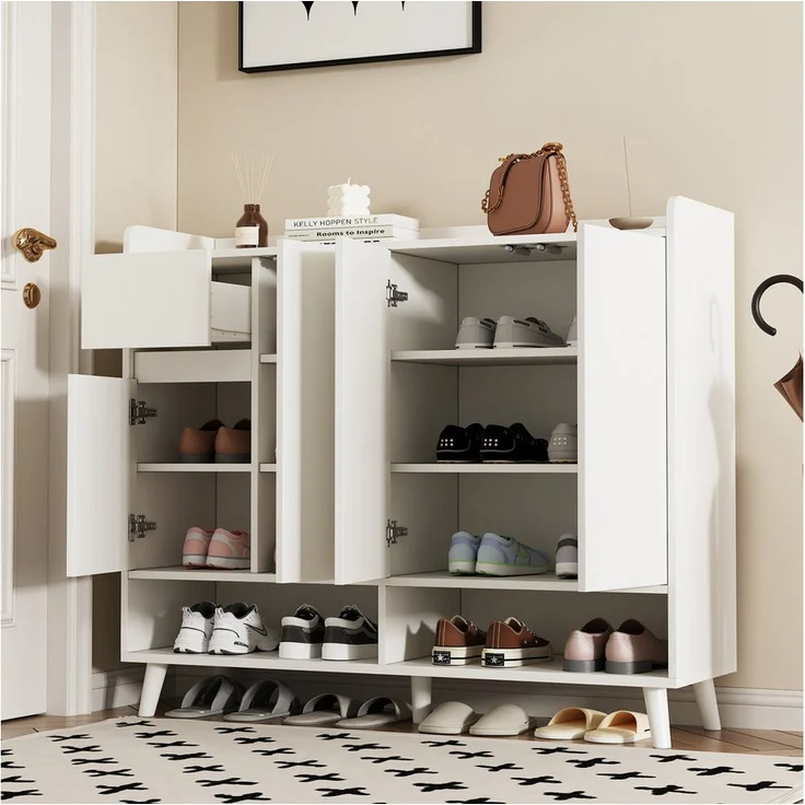 Flieks Schuhschrank mit 1 Schublade und 4 Türen, Weiß/Natur, B120/T35/H99 cm, mit verstellbaren Einlegeböden, Massivholzbeine