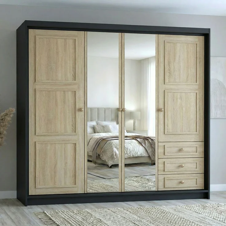 Drehtürenschrank OSLO viertüriger Kleiderschrank mit Schubladen und Metallgriffen – Bild 1
