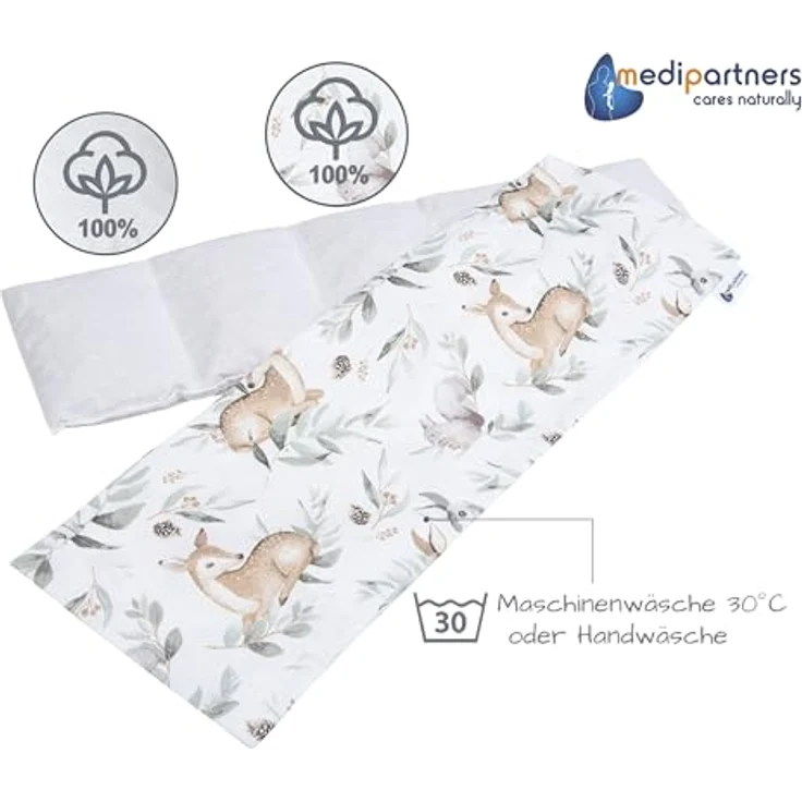 Medi Partners Kirschkernkissen Mikrowelle 60x20cm Körnerkissen groß Wärmekissen 800g 100% Baumwolle 5 kammern abnehmbarer Bezug - Kirschkernkissen nacken schulter Kältetherapie (Hirsch in Blättern) – Bild 5