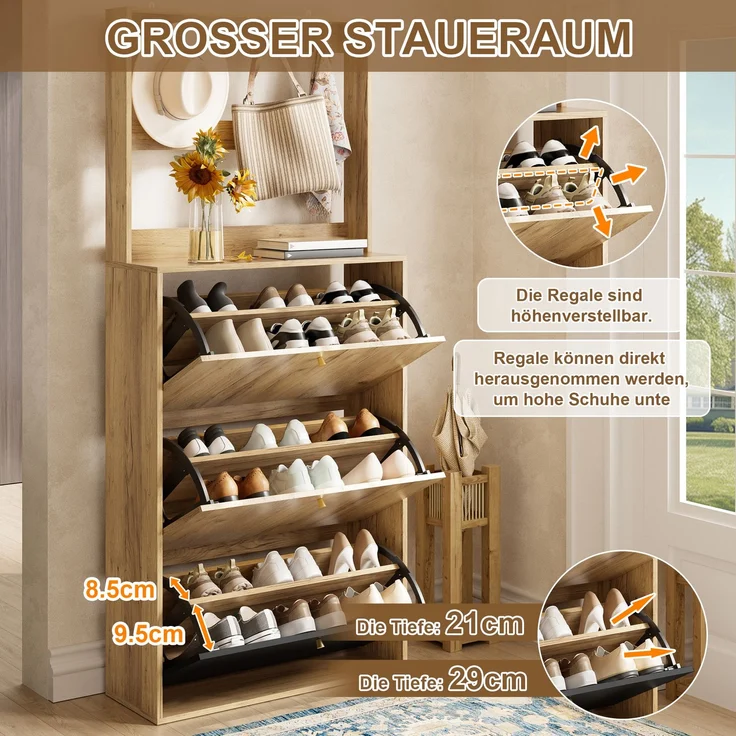 ZUBALIYA Schuhschrank (75 x 24 x 180 cm), Haken zur Aufbewahrung, Aus Spanplatte, Stauraum für Flur und Eingangsbereich, Schwarz / Naturfarben – Bild 13