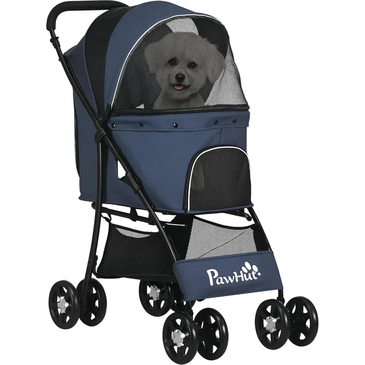 PawHut Hundebuggy mit Kissen, 4 Rädern, Netzfenster, Stauraum, (Hundewagen, 1-tlg), für kleine Hunde, Katzen, 600D Oxford, Marineblau