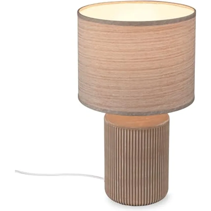 Briloner Nachttischlampe Ino, E14 Tischleuchte mit braunem Keramikfuß und Stoffschirm, Höhe 37,5 cm, Kabelschalter