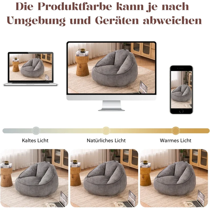 Sitzsack in Grau 90cm×90cm×59cm mit Cordbezug und Memory-Schaum-Füllung – ergonomische Rückenstütze – Bild 7