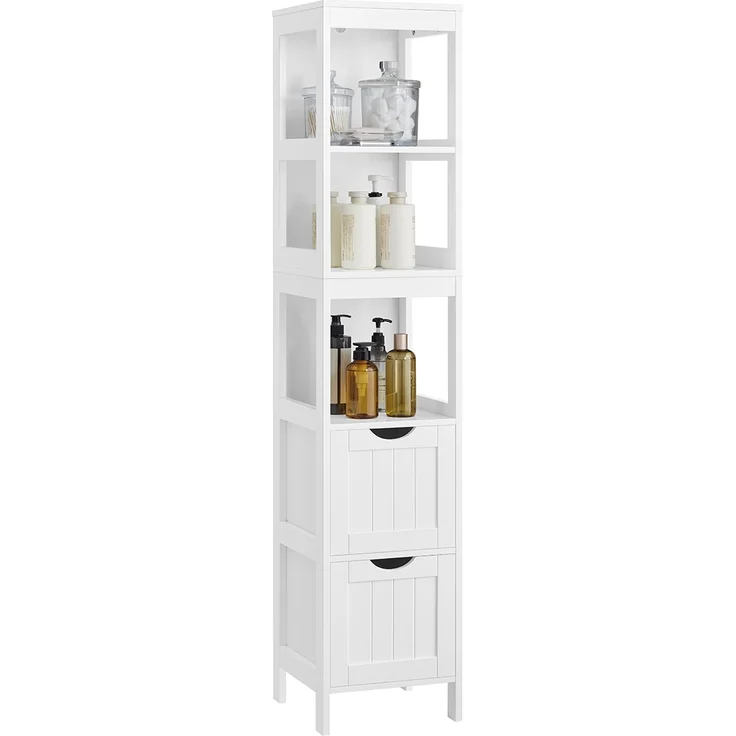 Vasagle Badezimmerschrank mit 2 Schubladen und 3 offene Fächer, MDF, 30 x 30 x 141,5 cm, Weiß – Bild 3