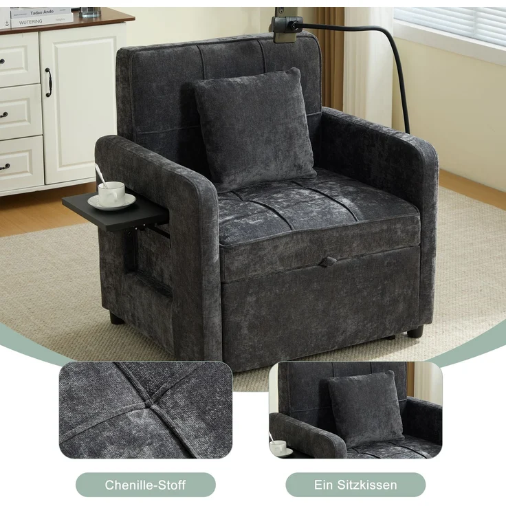 LVHOM Multifunktionaler Schlafsessel mit klappbarer Ablage, Ausziehbares 1-Sitzer Schlafsofa mit Handyhalter und Seitentaschen, Loungesessel, Dunkelgrau – Bild 7