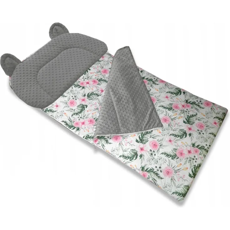 Best For Kids Schlafsack Fußack für den Kindergarten Minky Bär mit Kissen (Grau Blumen)