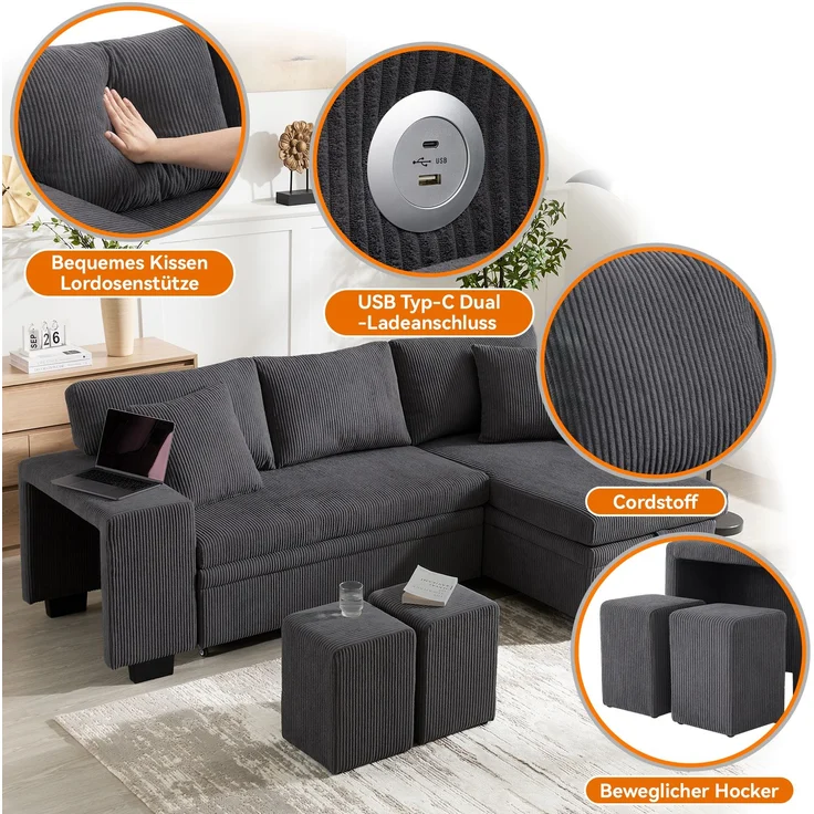 Schlafsofa 231×131,5×84 cm mit Schlaffunktion, Stauraum und USB/Typ-C Cordstoff Grau, modulare L‑Form – Bild 8