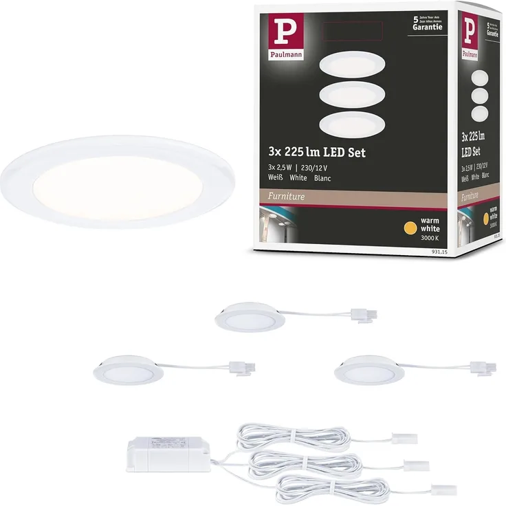 Paulmann LED Möbel-Einbauleuchte weiß Ø 6,5 cm warmweiß 3er Set