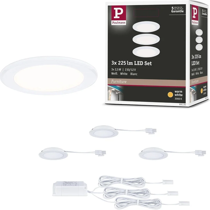 Paulmann LED Möbel-Einbauleuchte weiß Ø 6,5 cm warmweiß 3er Set – Bild 1