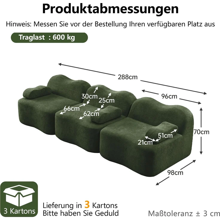 EINHOM 3-Sitzer Modulares Boneless Sofa aus 32D Hochdichtschaum, Wellenform mit tiefer Sitzfläche, bewegliches Armlehnenkissen, ideal für Wohnzimmer, Grün – Bild 2