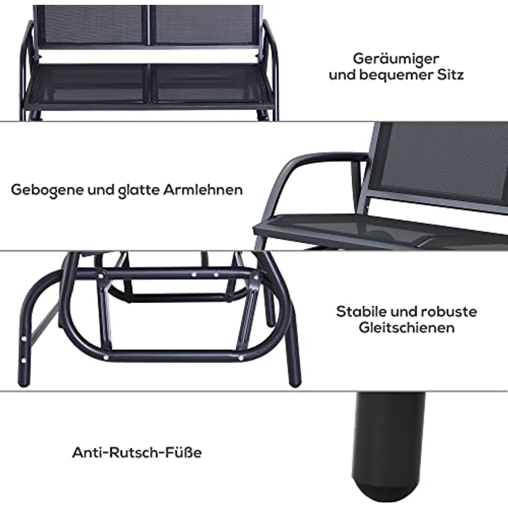 Outsunny Schaukelstuhl 2-Sitzer Gartenbank Gartenschaukel Sitzbank Parkbank Metall Gartenmöbel Schwarz 120 x 70 x 85 cm – Bild 8