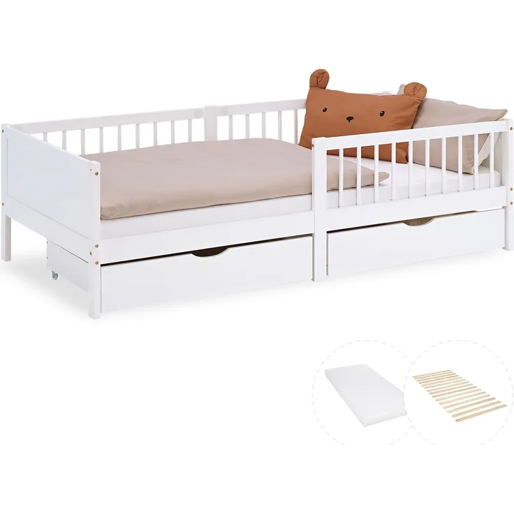 Kinderbett 90x200 cm mit Matratze 2 Bettkästen Rausfallschutz Weiß Holzbett Einzelbett Gitterbett Holzbettrahmen