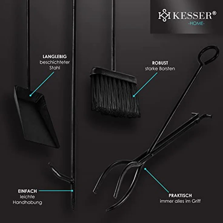 KESSER® Kaminholzregal 5-teiliges Set Kaminholzständer Feuerholzablage Brennholzregal Innen und Aussen Metall 2 Ebenen mit 4 Kaminwerkzeug für Kamin & Ofen, Stahl 40 x 30 x 74,5 cm Verstellbare Schwarz – Bild 9