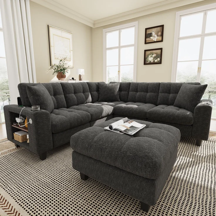 ZUBALIYA Modulare Wohnlandschaft, mit Stauraum, mit USB-C-Anschluss, modular kombinierbar, mit Getränkehaltern, mit Hocker, H 83 × T 216.5 × B 216.5 cm, Grau, Chenille – Bild 2