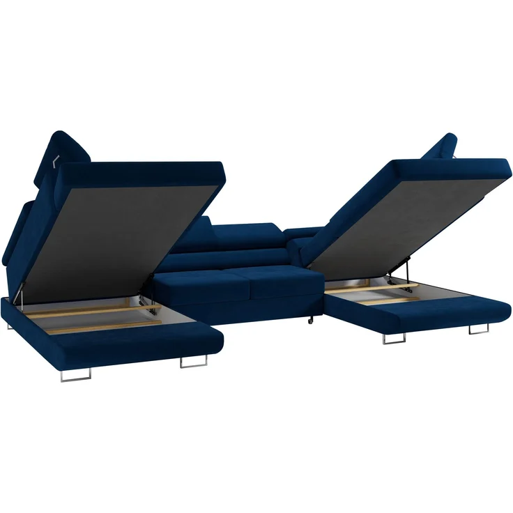 Ecksofa, Wohnzimmer U Couch, Polstersofa mit Bettkasten - GUSTAW-U - Dunkelblau Velours – Bild 4