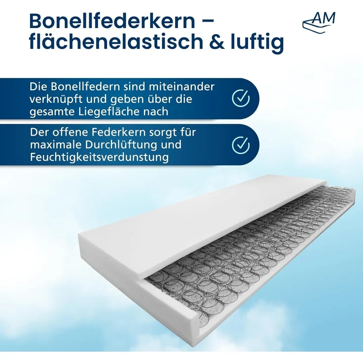 AM Qualitätsmatratzen - Bonellfederkernmatratze 80x200 cm H3 / H4-19cm Höhe - Made in Germany - Hochwertiger Bezug aus Doppeltuch mit versteppter Klimafaser (200g/ m²) – Bild 5