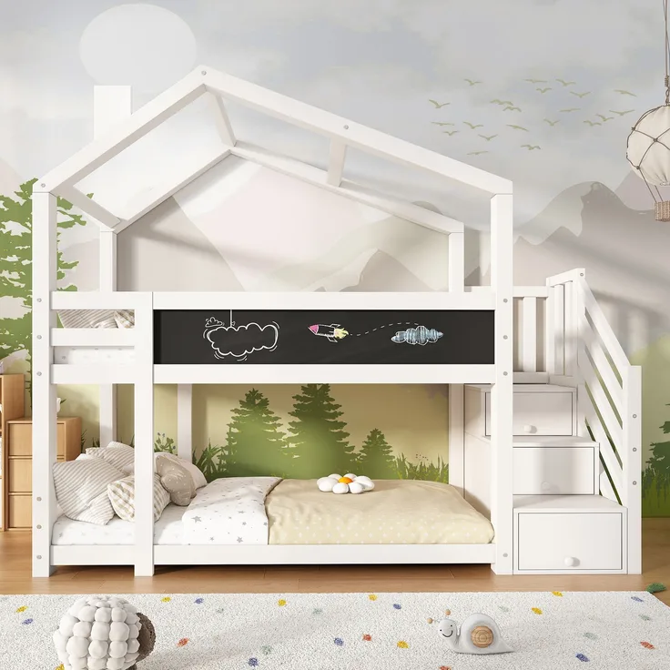 Kinder-Etagenbett "Baumhaus" 97x256x223 cm, Weiß, mit Tafel & Staufachtreppe