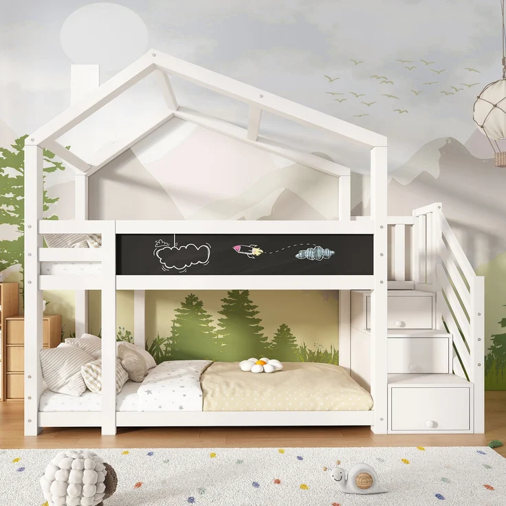 Kinder-Etagenbett "Baumhaus" 97x256x223 cm, Weiß, mit Tafel & Staufachtreppe – Bild 1