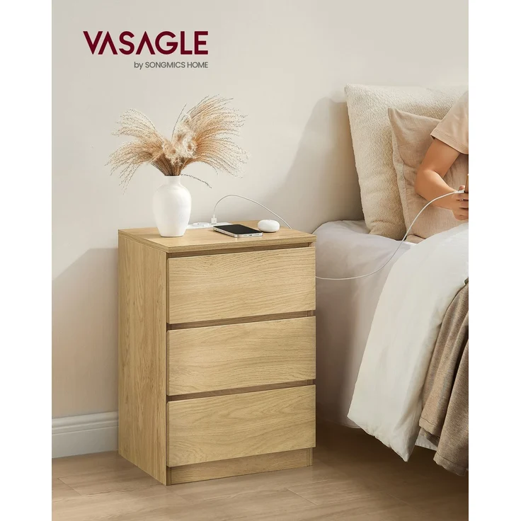 VASAGLE Nachttisch mit Steckdosenleiste, 2er Set, Beistelltisch, 3 Schubladen, 2 AC-Steckdosen, 2 USB-A-Anschlüsse, Wohnzimmer, Schlafzimmer, Arbeitszimmer, modern, strohgelb LETDE831Y70 – Bild 2