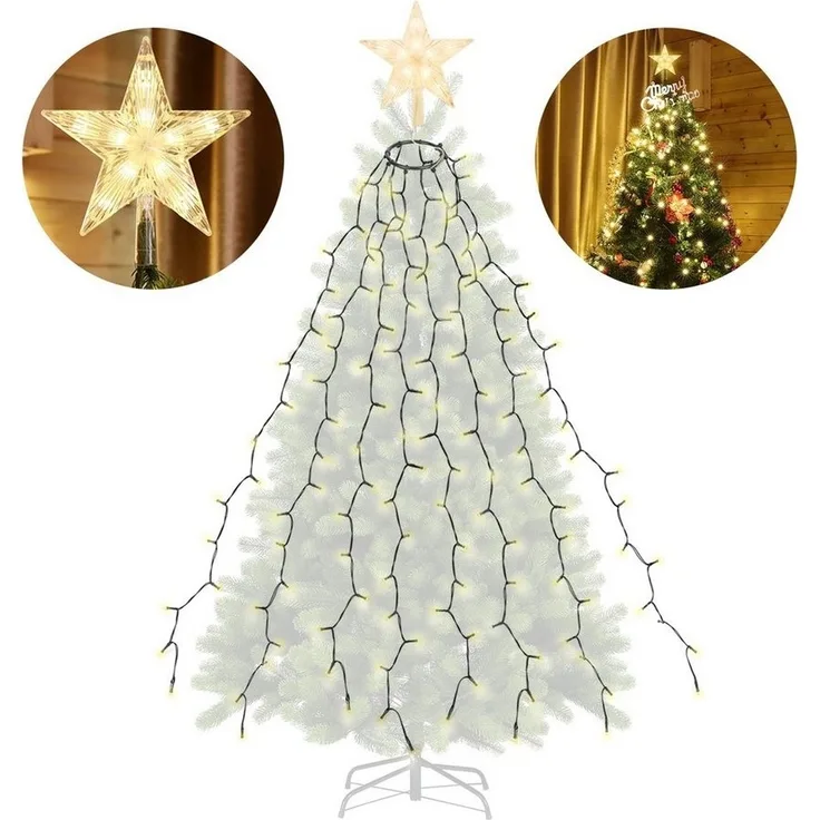 Salcar LED-Lichterkette 1,5m-3m Weihnachtsbaum Lichterkette LED mit Weihnachtsbaumspitze Stern, 8 Girlanden und 1 Sternspitze, 9 Beleuchtungsmodi und Memory-Funktion
